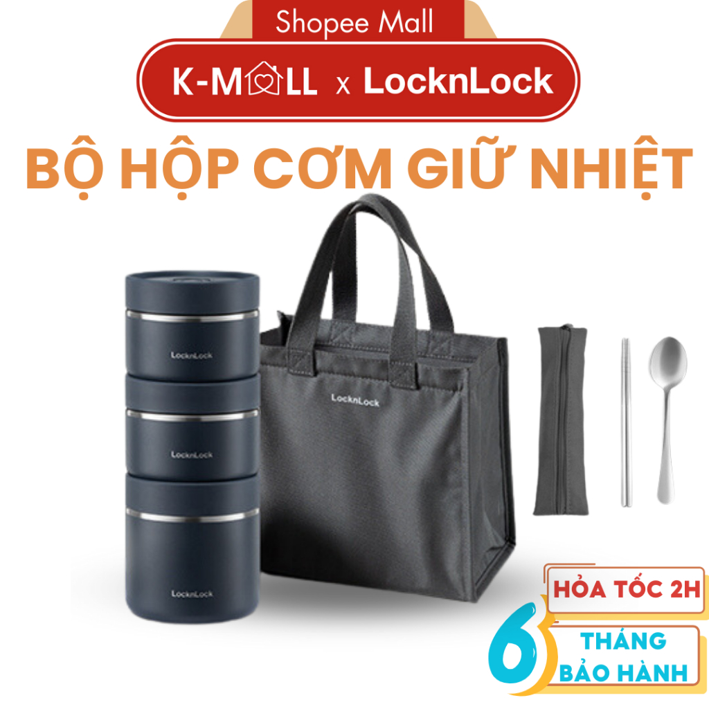 Bộ hộp cơm giữ nhiệt LocknLock LHC8052S02 Màu Xanh Navy, 3 hộp giữ nhiệt kèm túi, muỗng đũa - K-MALL