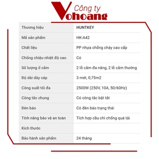 Ổ cắm điện chính hãng Huntkey HK-A42 4 lỗ có công tắc 2500W dây dài 3M
