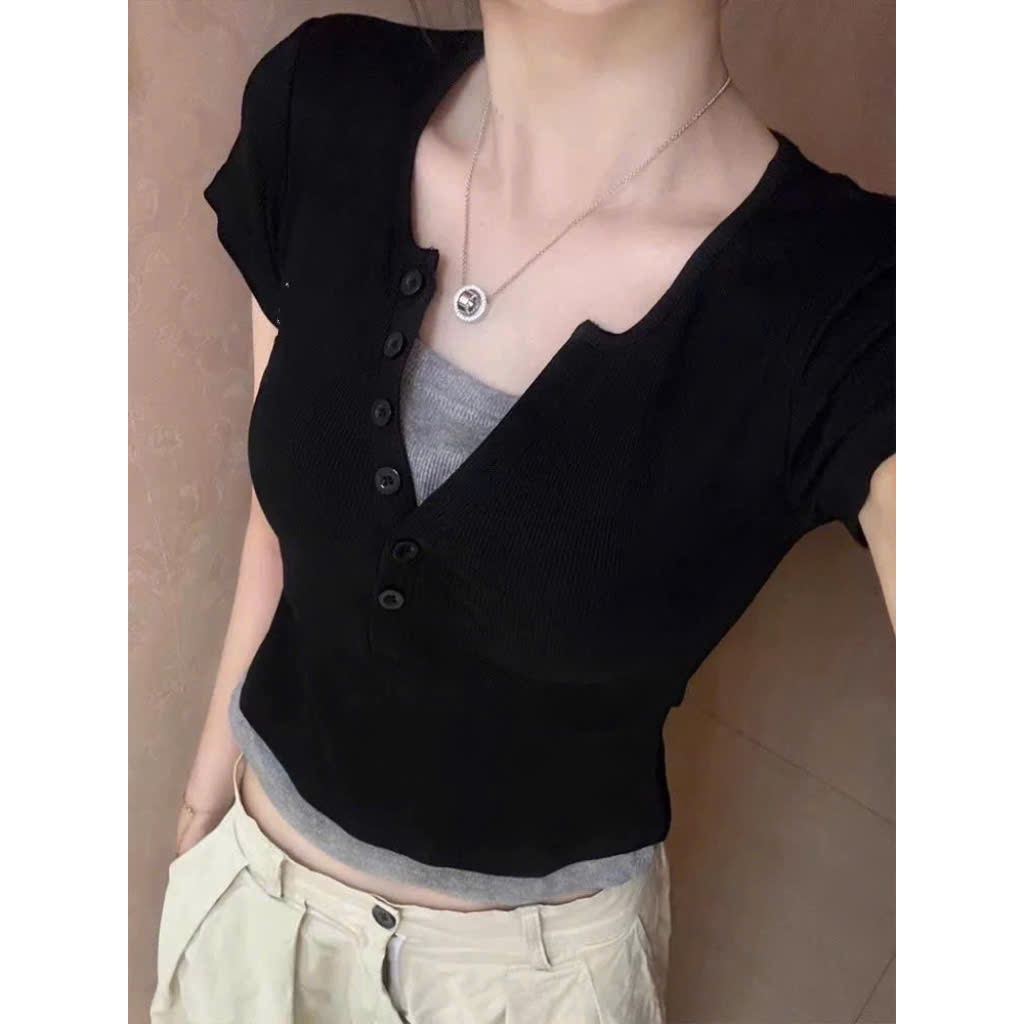 [CÓ SIZE] Áo Thun Tay Ngắn Cổ Chữ V Phối Hai Màu RANSHI Babytee Dáng Vừa Tiểu Thư Sang Chảnh Chất Gân Dày