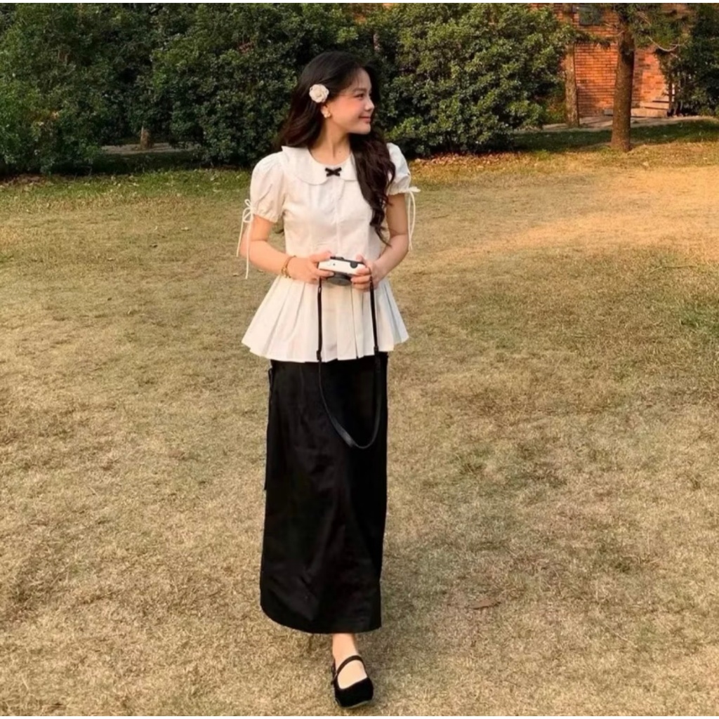 Áo sơ mi cổ sen dáng baby doll chiết eo xếp ly đính nơ TAM  A13