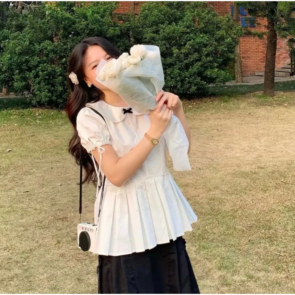 Áo sơ mi cổ sen dáng baby doll chiết eo xếp ly đính nơ TAM  A13