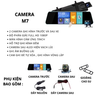 Camera hành trình ô tô M7 màn gương cảm ứng 7inch Full HD Hỗ trợ ghi hình đêm Cam hiện vạch khi lùi bảo hành 12 tháng