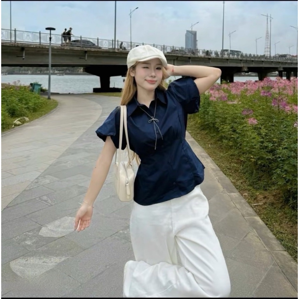 Áo sơ mi tay bồng dây buộc eo dáng babydoll TAM SM10