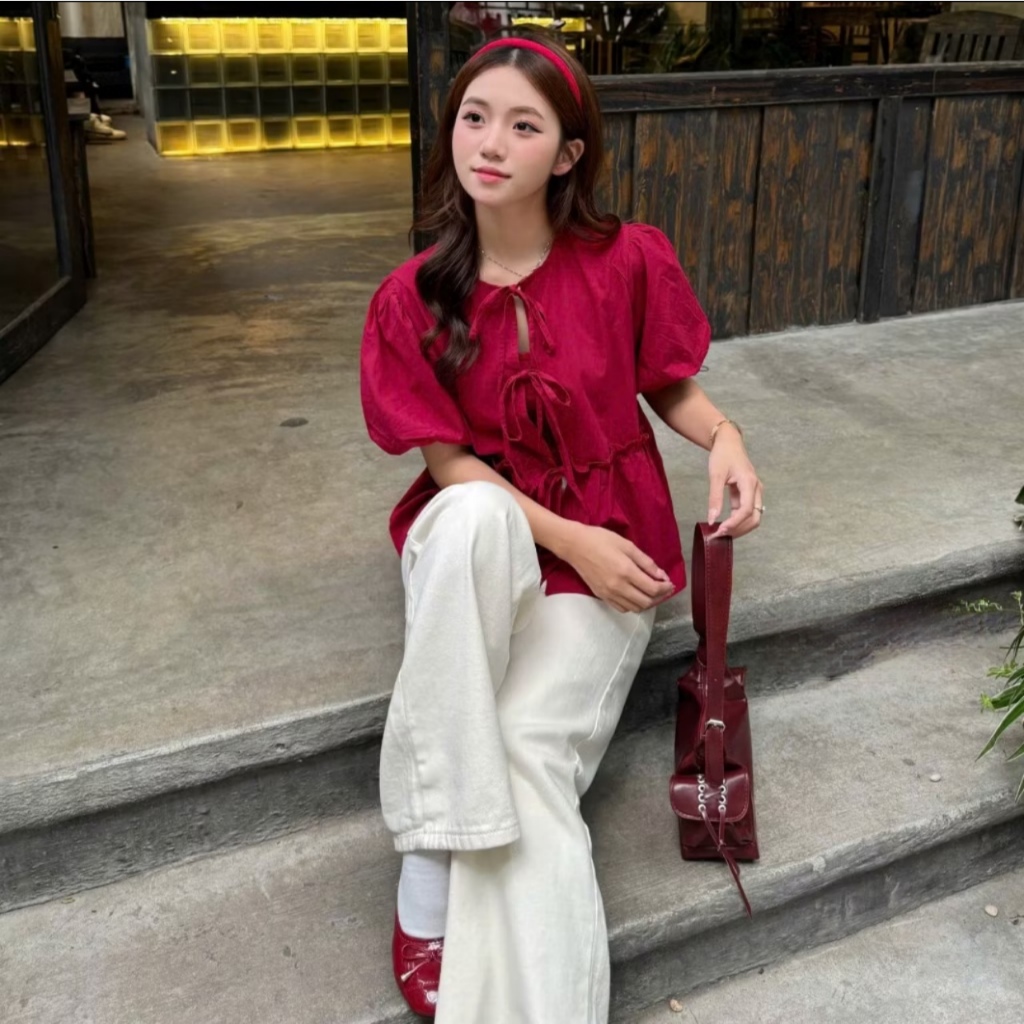 Áo babydoll kèm áo quây buộc dây nơ xinh xỉu, dáng rộng freesize dưới 56kg TAM A05