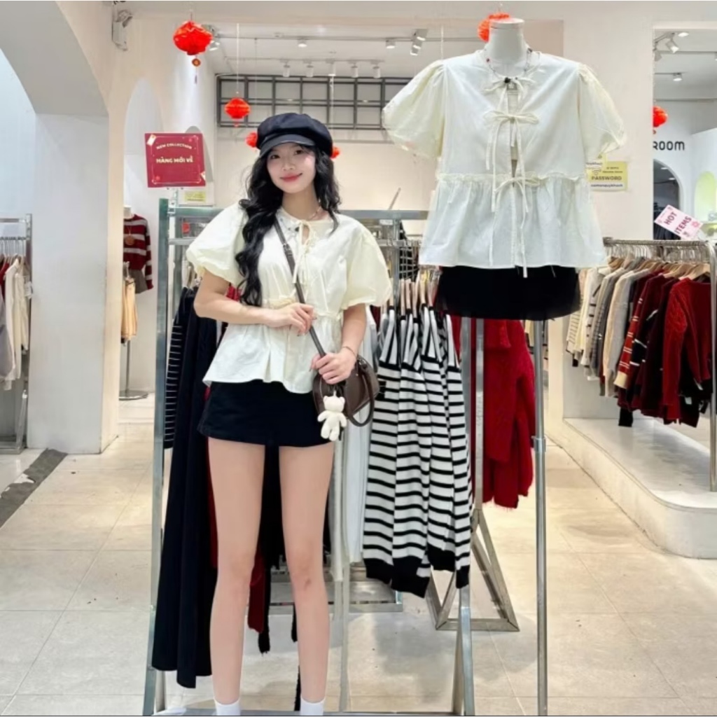Áo babydoll kèm áo quây buộc dây nơ xinh xỉu, dáng rộng freesize dưới 56kg TAM A05