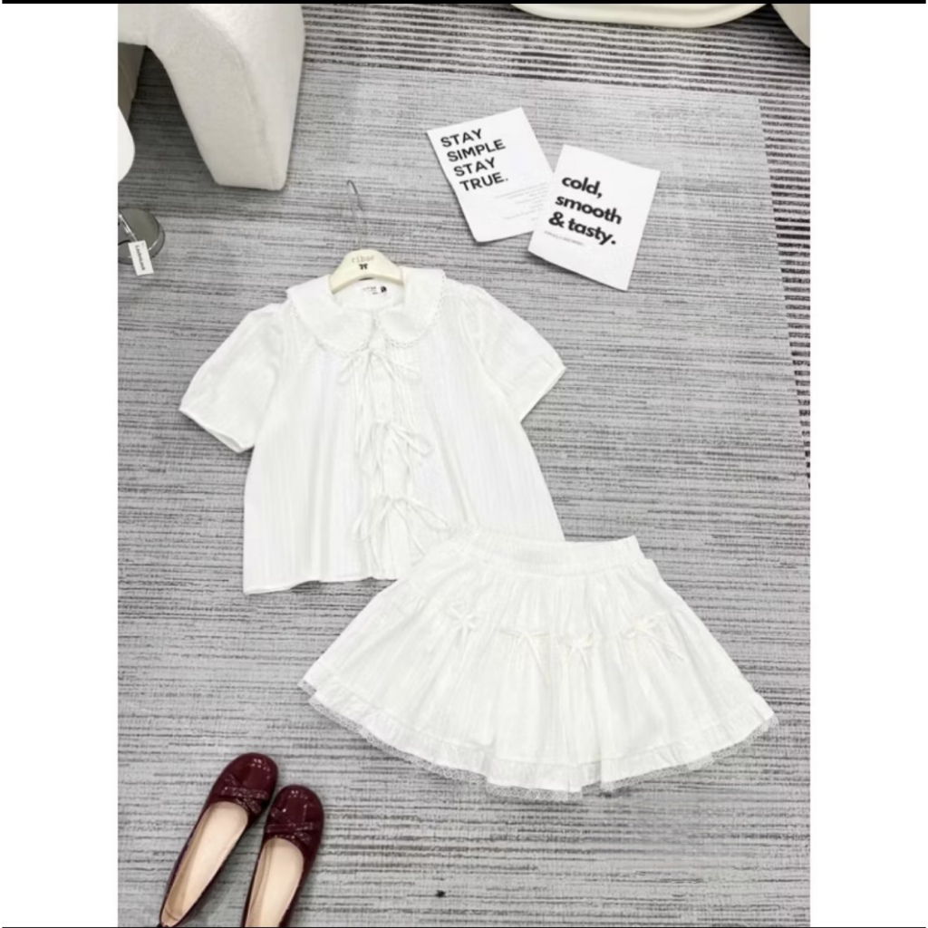 Set áo babydoll cổ ren buộc nơ kèm chân váy cạp chun basic dễ mặc TAM S003