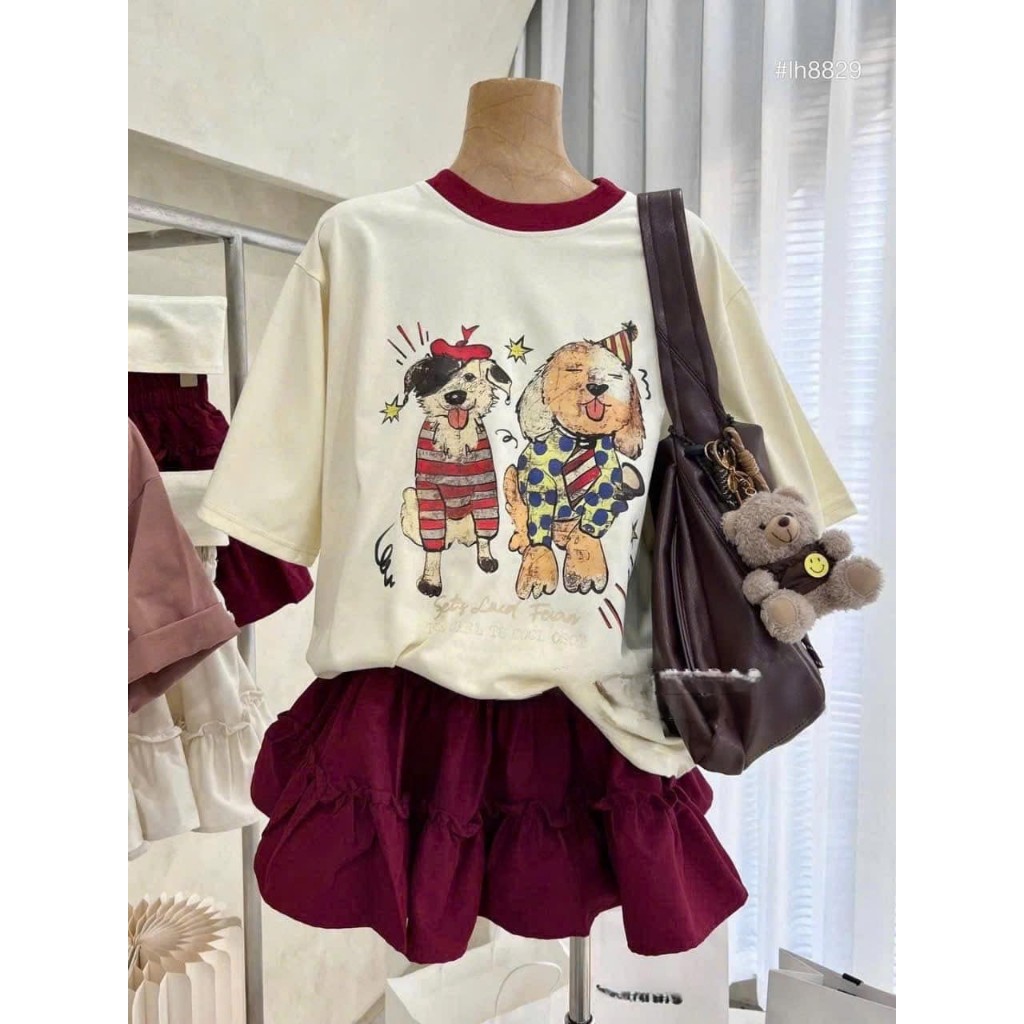 Set áo chân váy xòe bèo nhún chất liệu mềm mại, set đồ nữ mùa hè áo thun cotton chân váy ngắn cá tính HCOM25223