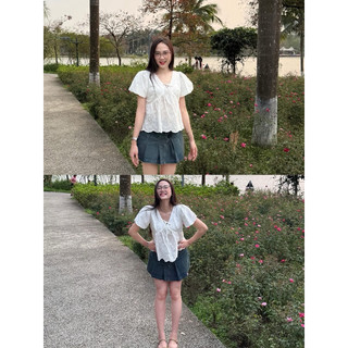 Áo babydoll tay phồng cổ V buộc nơ bánh bèo LAVIAN A45
