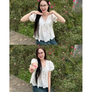 Áo babydoll tay phồng cổ V buộc nơ bánh bèo LAVIAN A45
