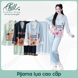 Chill Pijama | Pijama Nữ Capybara In Nhiệt Lụa Cát Mềm Mát Đồ Ngủ Nữ Tay Dài Quần Dài
