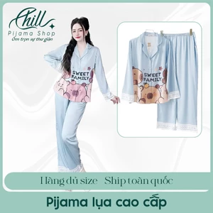 Đồ bộ nữ Pijama Lụa Cát Quần Dài Tay Dài In Hình Capybara Siêu Hot Trend 2025