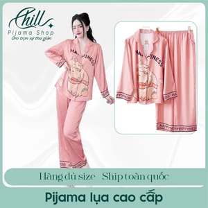 Đồ bộ pijama lụa mặc nhà tay dài quần dài cao cấp in hình capybara chất Size 42kg-69kg