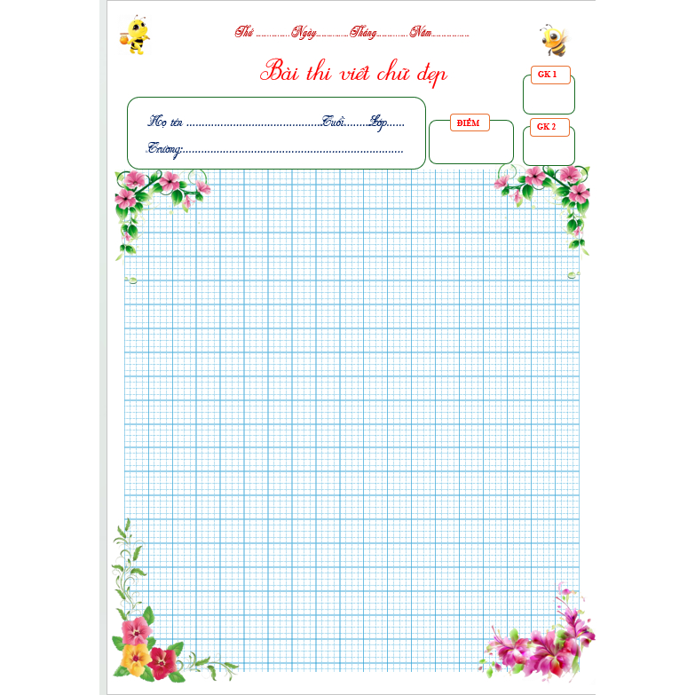 50 Tờ giấy luyện thi viết chữ đẹp 4 ô li, 2 mặt  Mẫu HOA - ONG - Giấy 100gsm- khổ A4