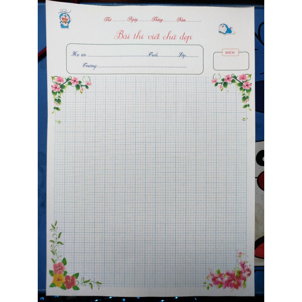50 Tờ giấy luyện thi viết chữ đẹp 4 ô li, 2 mặt  MẪU HOA - DOREMON - Giấy 100gsm khổ A4