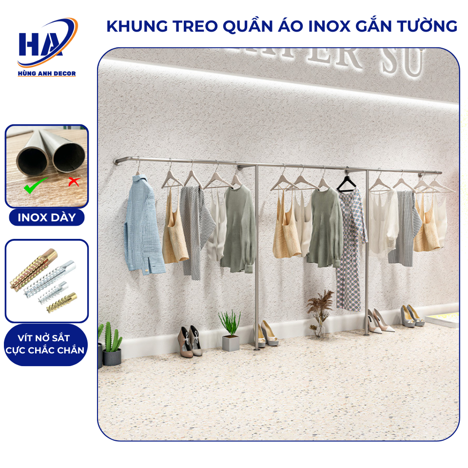 Sào treo quần áo gắn tường shop, sào treo quần áo inox decor, khung ...