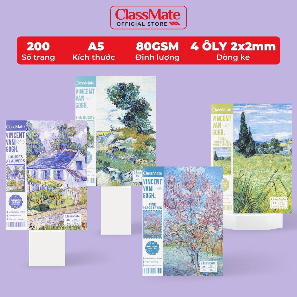 Tập Học Sinh Miền Nam A5 Classmate Vở 4 ÔLy 80gsm 200 Trang Vở 4 ÔLi 2x2mm Vở Học Sinh Cấp 1 Tập Van Gogh NA5-20-010