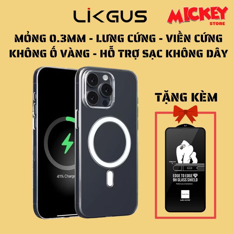 Ốp Likgus trong suốt -  Không ố vàng - Siêu mỏng - Hỗ trợ sạc không dây cho IPhone 11 đến 17Promax