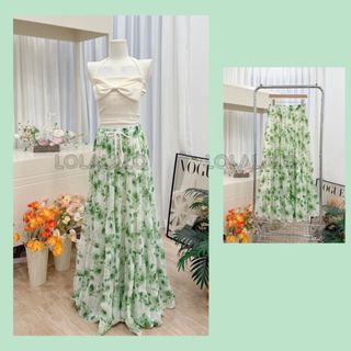 (Hỏa tốc) Chân váy voan xòe dài 5 tầng lưng thun dây rút 2 lớp Freesize Váy hoa mùa hè Boho