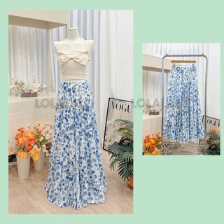 (Hỏa tốc) Chân váy voan xòe dài 5 tầng lưng thun dây rút 2 lớp Freesize Váy hoa mùa hè Boho