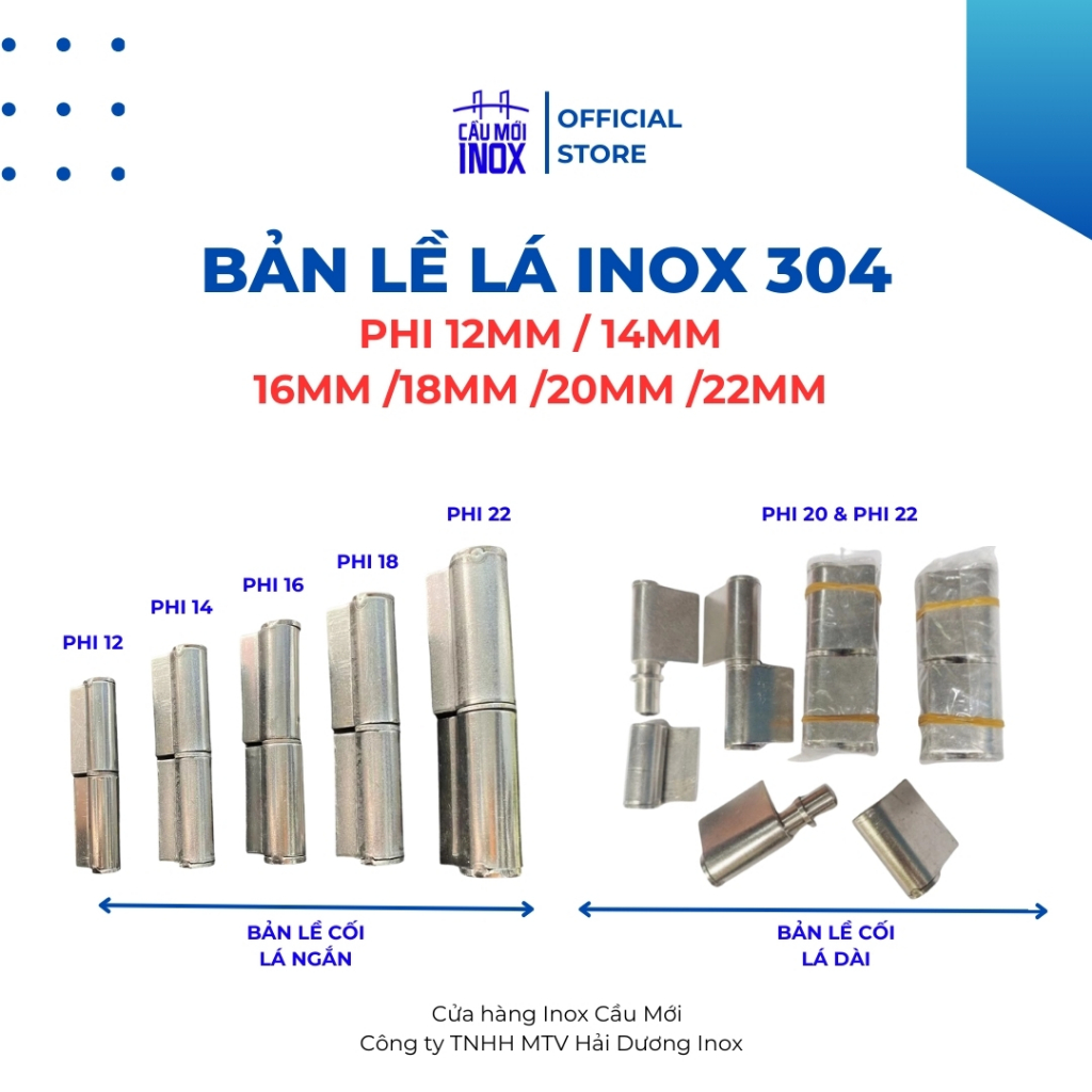 (1 cái) Bản lề cối lá ngắn, bản lề cối lá dài inox 304 phi 12,14,16,18,20,22mm chịu lực tốt