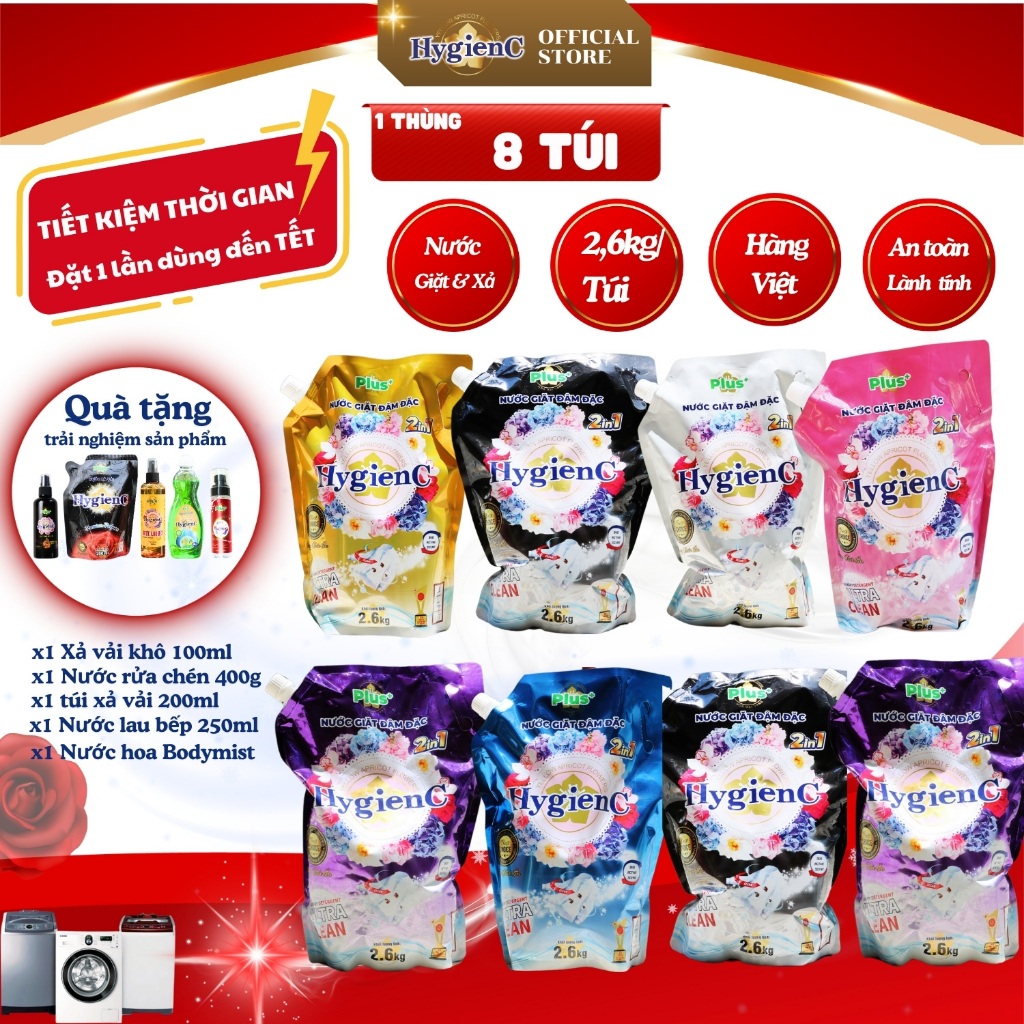 Ảnh Combo 8 Túi nước giặt đậm đặc HygienC Plus+ - Khối lượng 2.6Kg - CB8T1 1