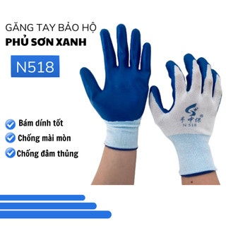 Găng tay bảo hộ lao động phủ sơn xanh N518 giá cạnh tranh bốc hàng làm vườn sửa xe
