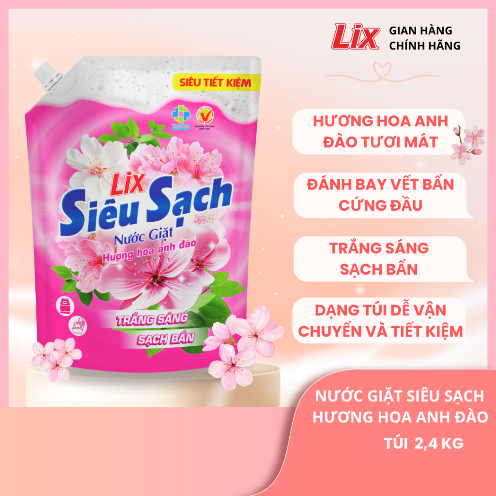 Ảnh Combo 3 túi nước giặt Lix siêu sạch hương hoa anh đào thơm mát tặng 1 chai nước tẩy quần áo màu 400ml, 3C-N2503+N7502 1