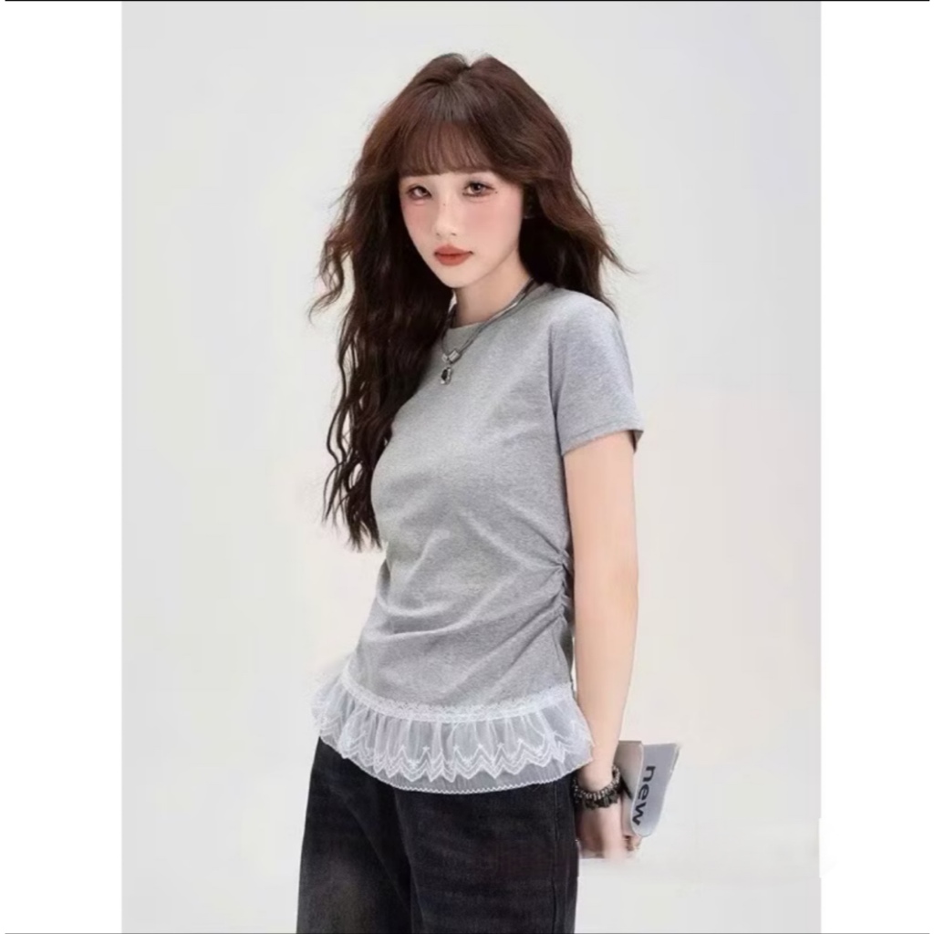 Áo thun tăm cộc tay nhún eo phối ren tầng siêu xinh TAM A08