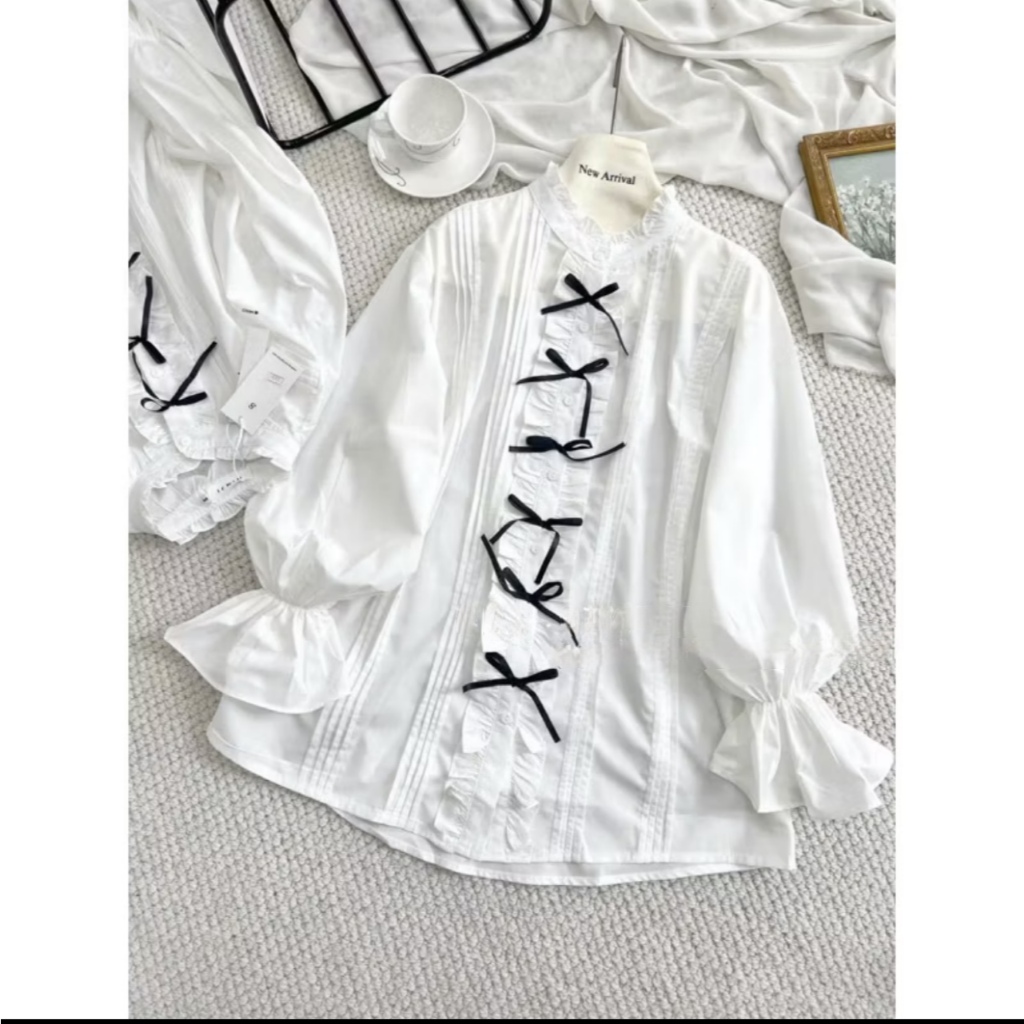 Áo sơ mi giấy giấu quần tay loe đính nơ trang trí, babydoll bánh bèo TAM SM03