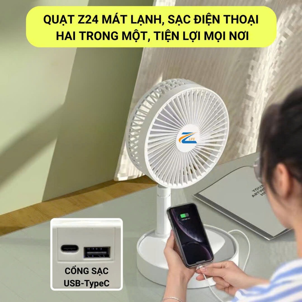 Quạt Sạc Tích Điện z24 Pin Trâu Tới 20 Giờ Sử Dụng, Quạt Để Bàn Văn Phòng Kéo Dài Gấp Gọn Đa Năng