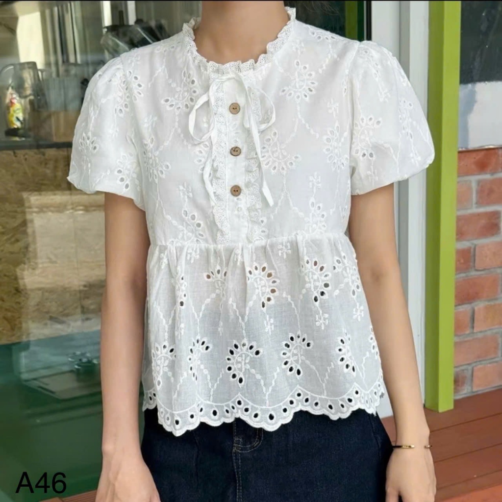 Áo kiểu babydoll họa tiết hoa cổ viền bèo phối cúc cài TAM  A46