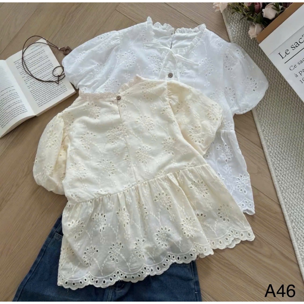 Áo kiểu babydoll họa tiết hoa cổ viền bèo phối cúc cài TAM  A46