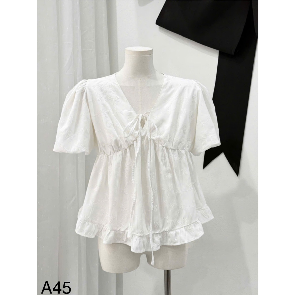 Áo babydoll tay phồng cổ V buộc nơ bánh bèo TAM  A45