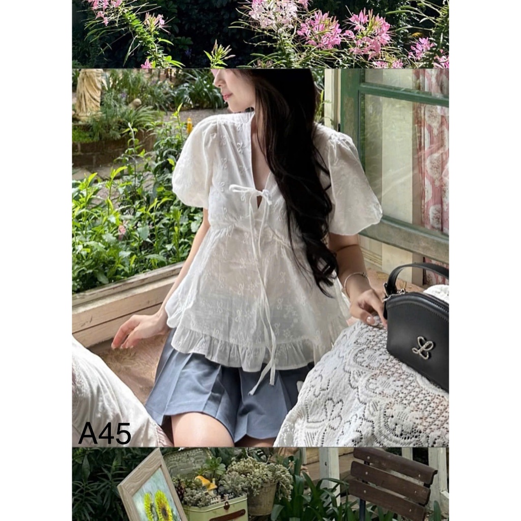 Áo babydoll tay phồng cổ V buộc nơ bánh bèo TAM  A45