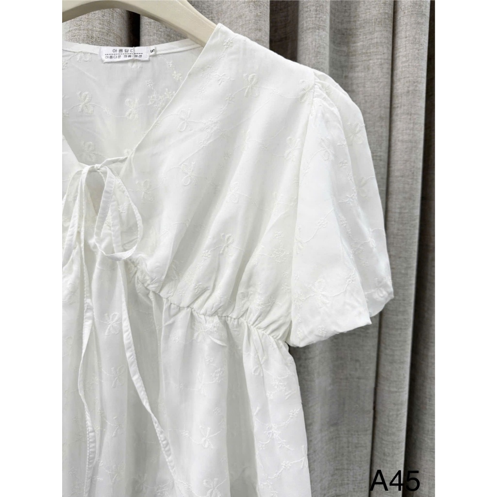 Áo babydoll tay phồng cổ V buộc nơ bánh bèo TAM  A45