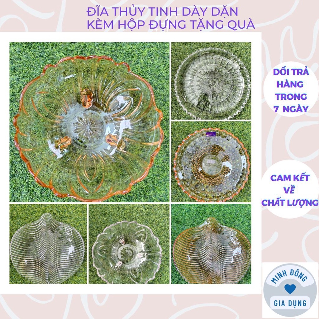 Đĩa Thủy Tinh vân chấm bi tròn size 24cm Trong Suốt Chưng Hoa Quả Bàn Thờ Ngày Tết Sang Trọng