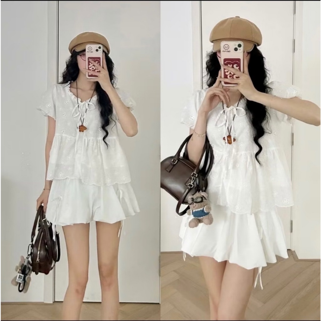 Áo babydoll cổ thắt nơ phối viền bèo tay bồng xinh xắn TAM  A40