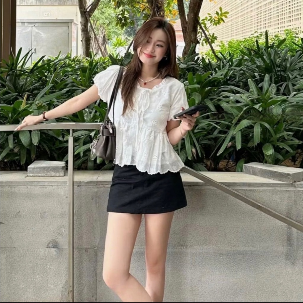 Áo babydoll cổ thắt nơ phối viền bèo tay bồng xinh xắn TAM  A40