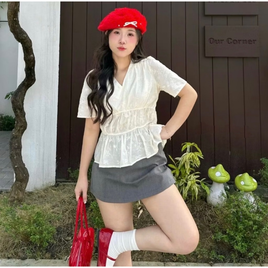 Áo babydoll cổ V viền eo phong cách Hàn Quốc dễ mặc TAM  A39