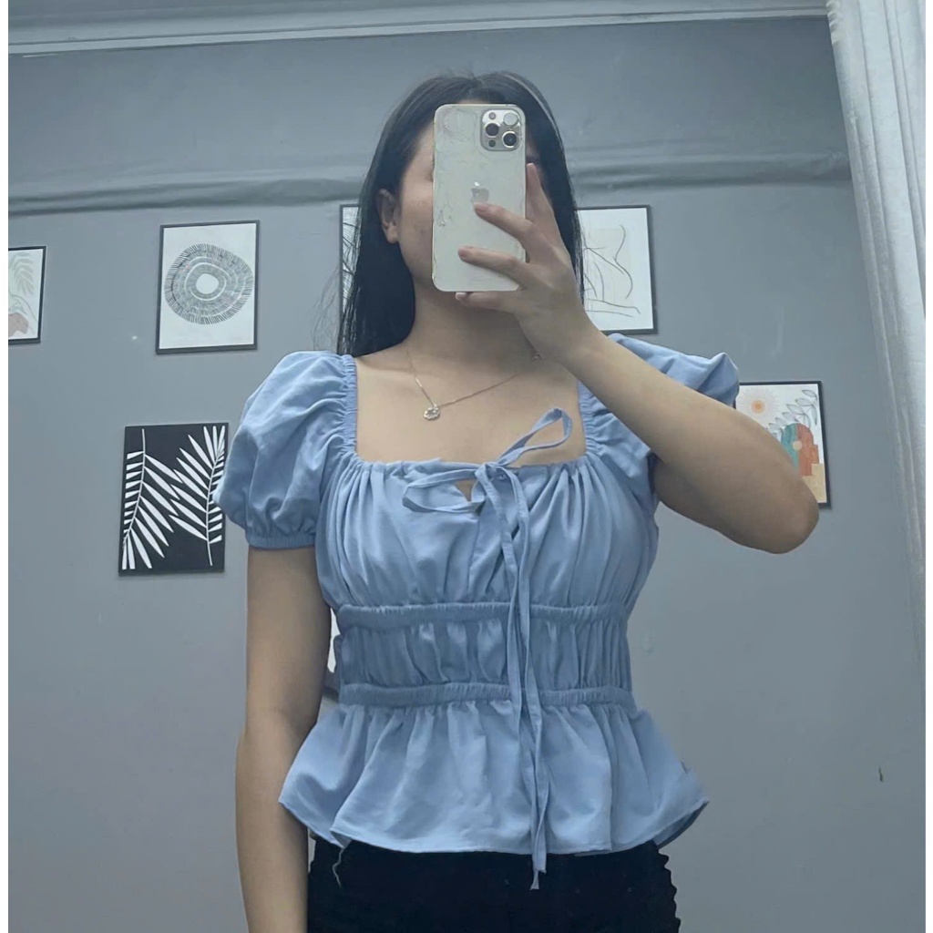 Áo babydoll dúm eo mặc trễ vai hoặc trên vai cổ buộc nơ, áo tiểu thư tay xinh TAM  A17