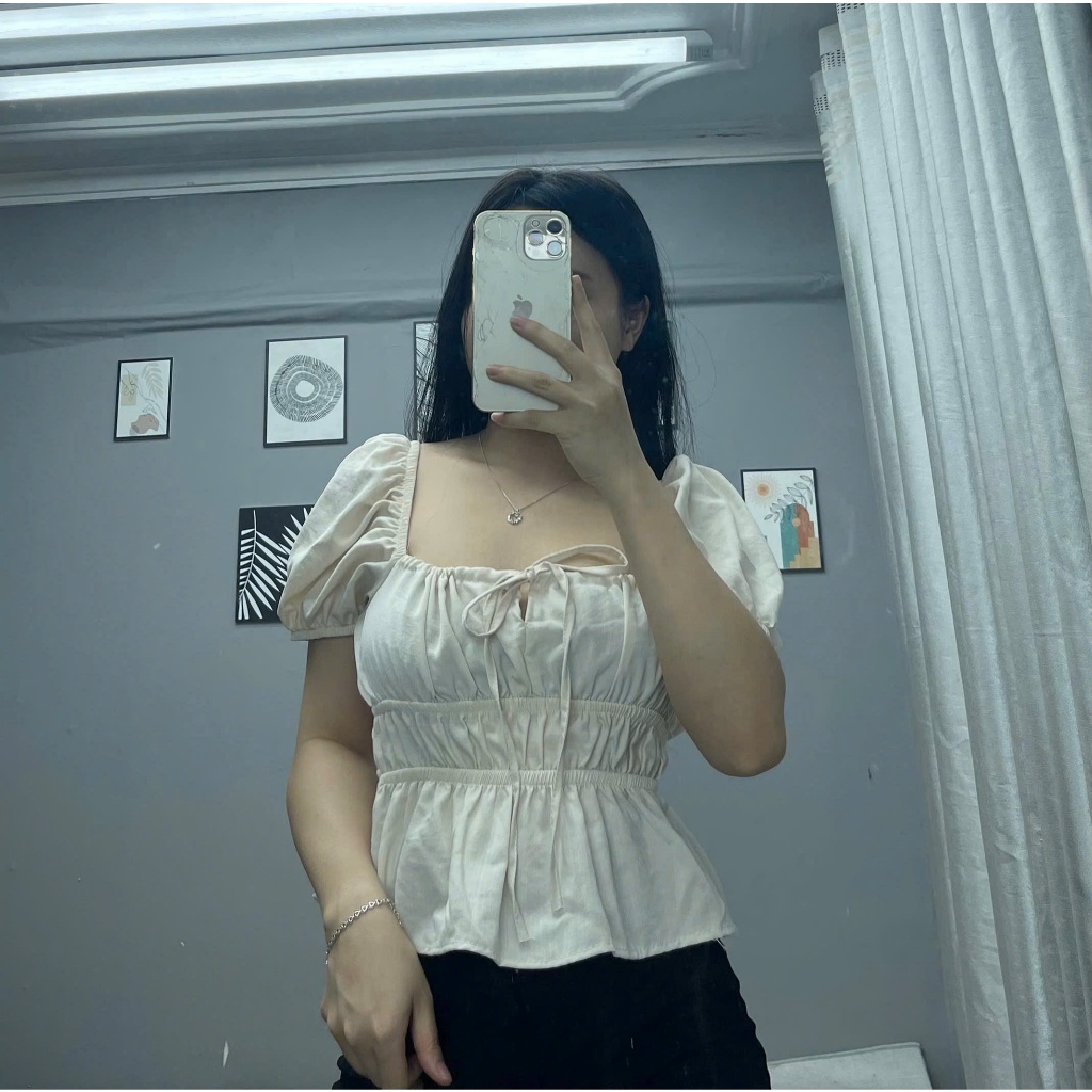 Áo babydoll dúm eo mặc trễ vai hoặc trên vai cổ buộc nơ, áo tiểu thư tay xinh TAM  A17