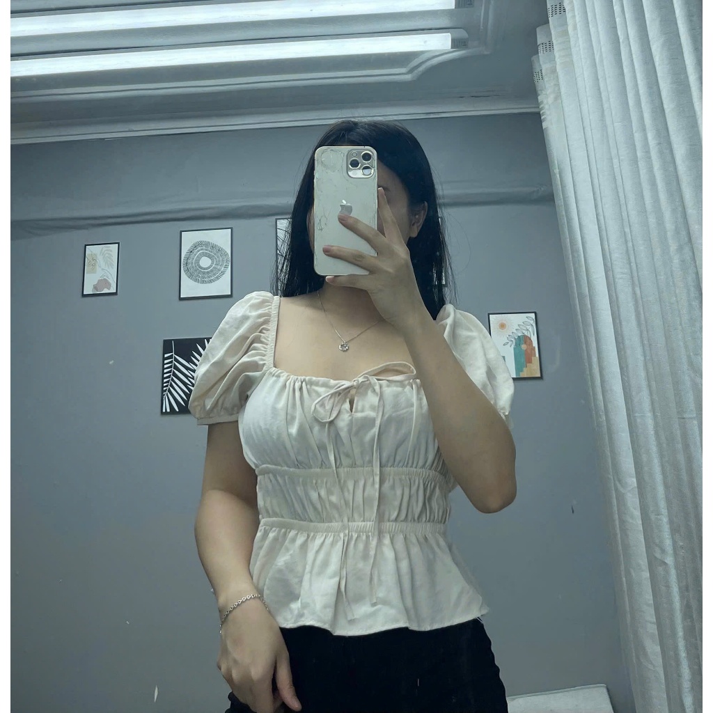 Áo babydoll dúm eo mặc trễ vai hoặc trên vai cổ buộc nơ, áo tiểu thư tay xinh TAM  A17