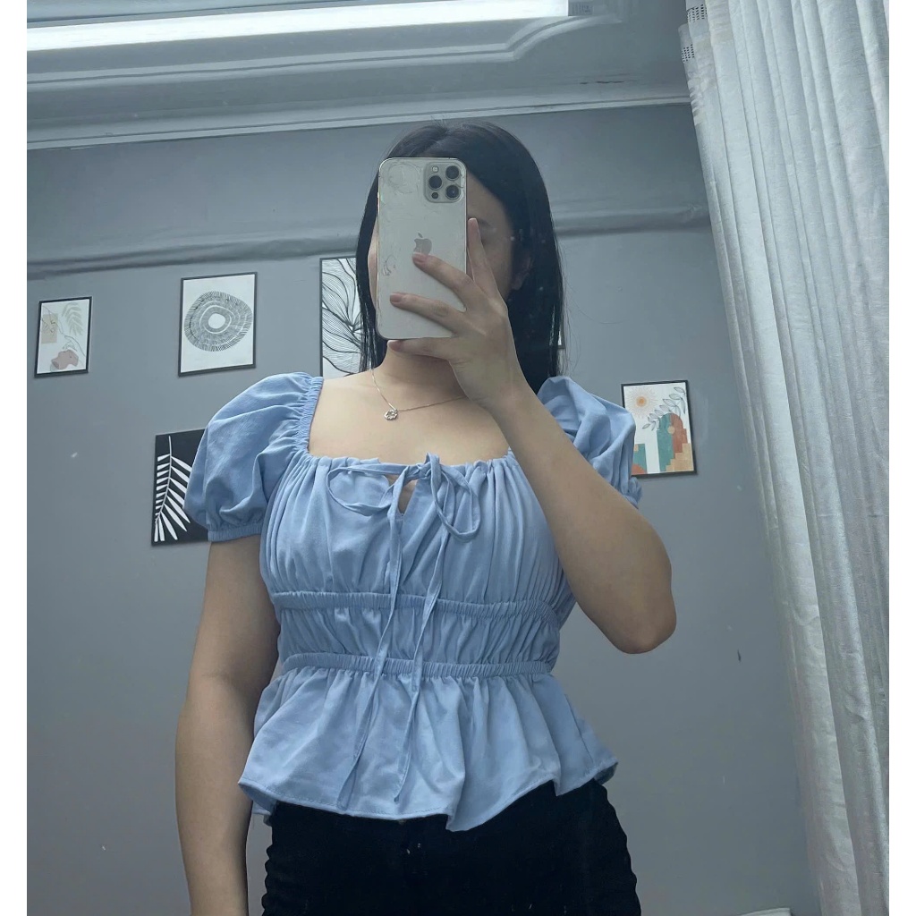 Áo babydoll dúm eo mặc trễ vai hoặc trên vai cổ buộc nơ, áo tiểu thư tay xinh TAM  A17