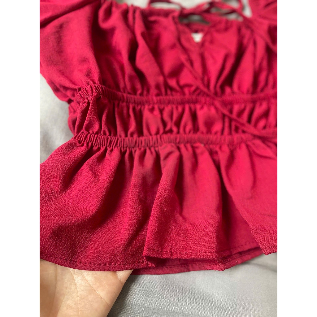 Áo babydoll dúm eo mặc trễ vai hoặc trên vai cổ buộc nơ, áo tiểu thư tay xinh TAM  A17