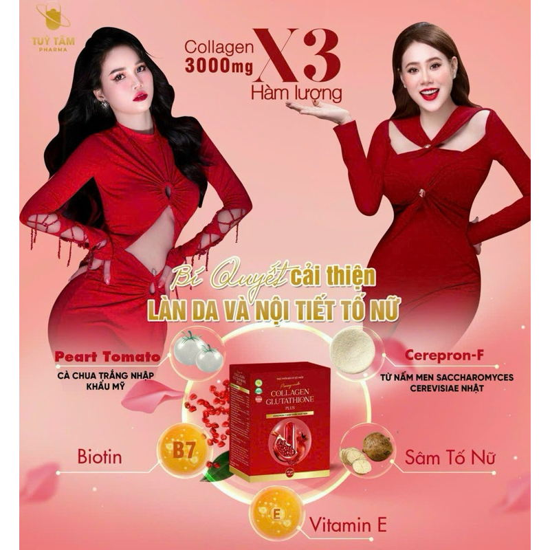 [1 Gói Collagen Glutathione Plus Lựu Đỏ - Dùng Thử] 3000mg - Trắng da, mờ nám, cải thiện nội tiết tố nữ Tuỳ Tâm pharma