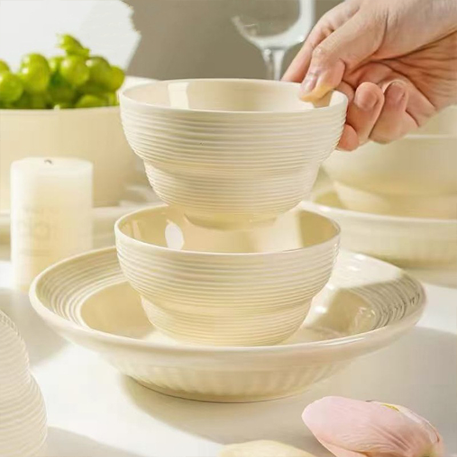 [Bảo Hành Bể Vỡ] Bộ Bát Đĩa Sứ Thiết Kế Vân Tăm, Set Chén Đĩa Sứ Tông Màu Kem Sữa Sang Trọng SET014