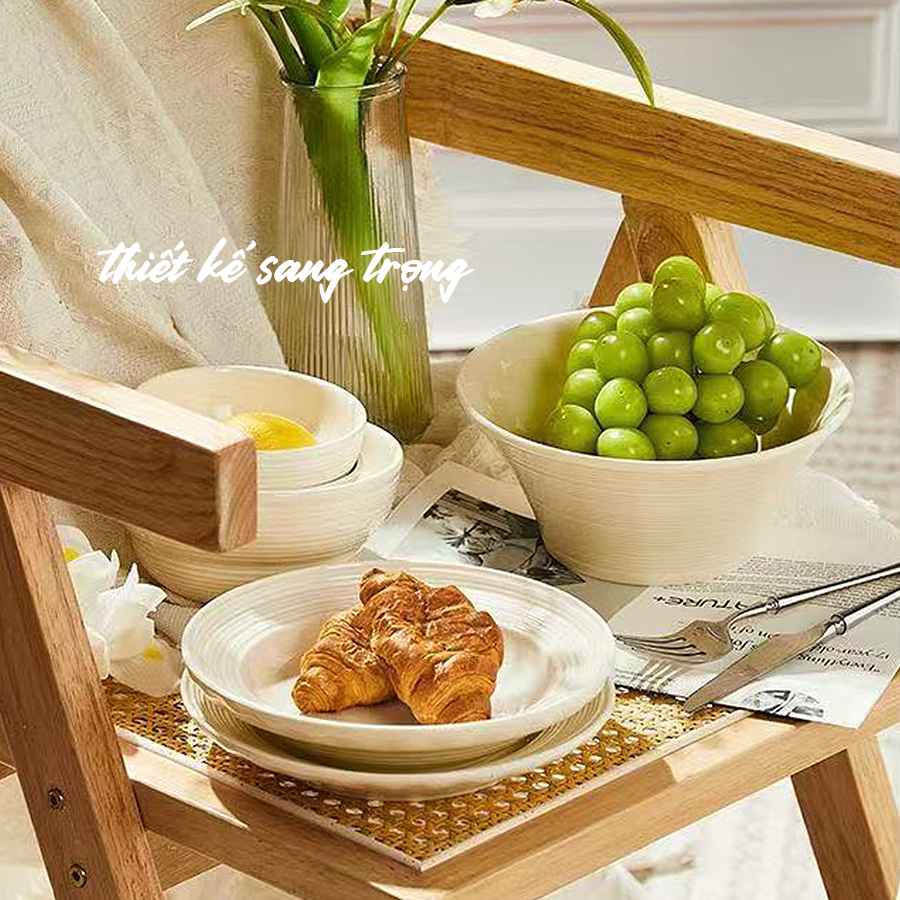 [Bảo Hành Bể Vỡ] Bộ Bát Đĩa Sứ Thiết Kế Vân Tăm, Set Chén Đĩa Sứ Tông Màu Kem Sữa Sang Trọng SET014