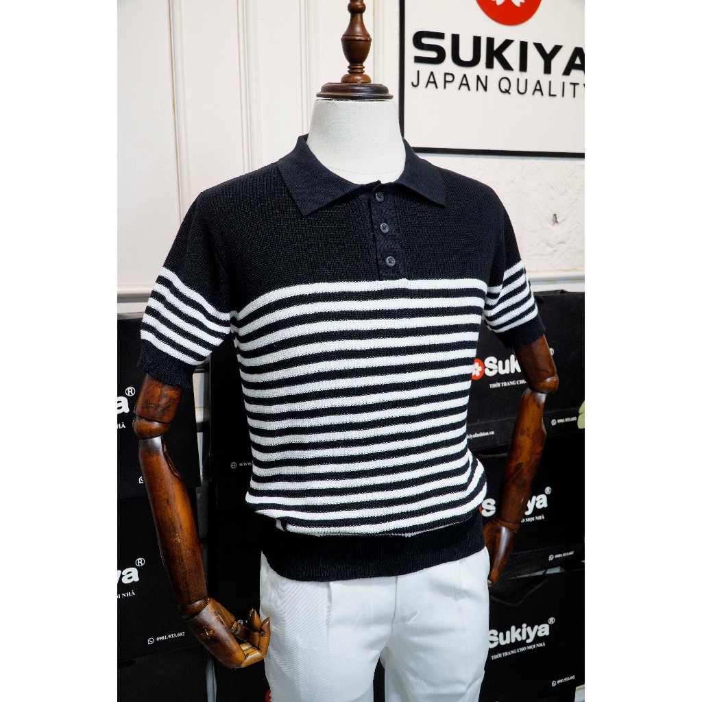 Ảnh Áo Polo Len Dệt Kim SUKIYA Chất Sợi Dệt Cotton Cao Cấp Thoáng Mát, Kiểu Dáng Polo Lịch Sự Phối Kẻ AL108 3