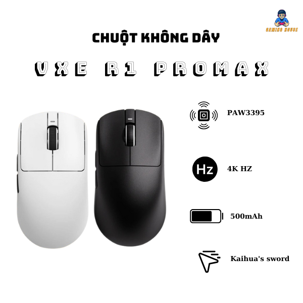 Chuột không dây gaming VXE R1 Pro Max - PAW3395 - 4k HZ Polling rate - Kaihua's sword - 500mAh