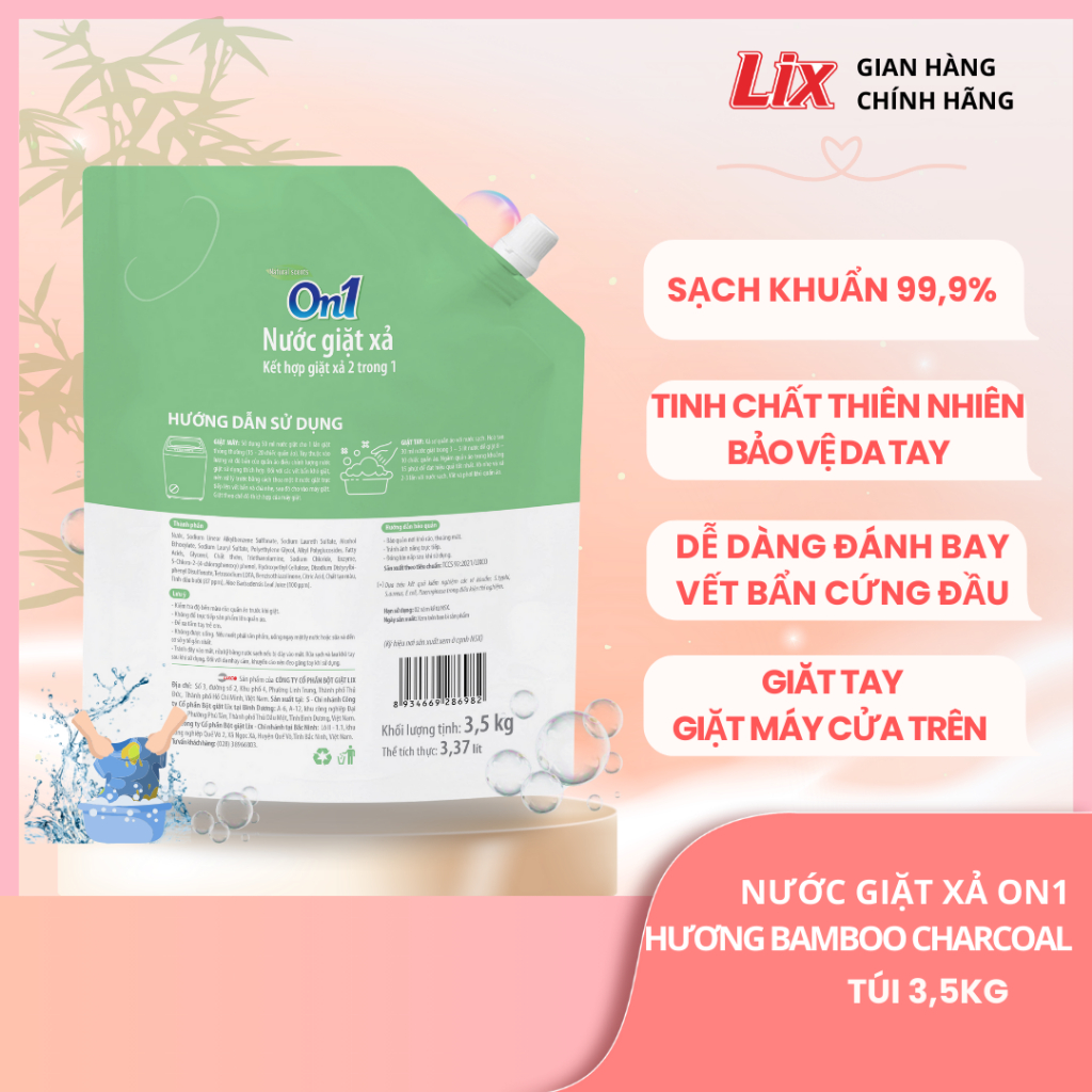 Ảnh Combo 2 túi nước giặt xả On1 hương Bamboo Charcoal 3.5Kg/ túi 2C-N6903, sạch khuẩn, khử mùi, kết hợp giặt xả 2 trong 1 1